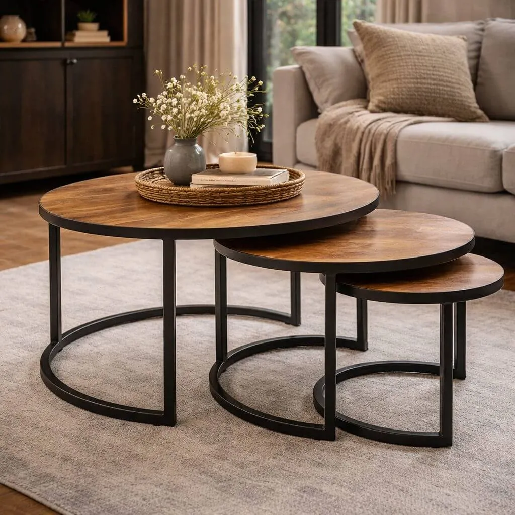 Chetak - Ronde mangohout tafel set van 3 - In sfeer