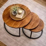 Ronde Mangohout Tafel Set van 3, Inschuifbaar Industrieel Design