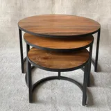 Ronde Mangohout Tafel Set van 3, Inschuifbaar Industrieel Design