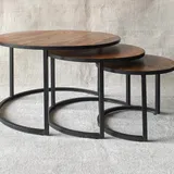 Ronde Mangohout Tafel Set van 3, Inschuifbaar Industrieel Design