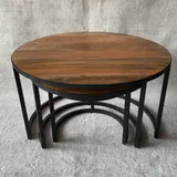 Ronde Mangohout Tafel Set van 3, Inschuifbaar Industrieel Design