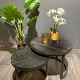 Salontafel Set van 2 Rond, Zwart Mangohout, Industrieel Design, 58x58x42 cm
