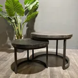 Salontafel Set van 2 Rond, Zwart Mangohout, Industrieel Design, 58x58x42 cm