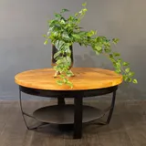 Ronde salontafel mangohout 70cm, industrieel met onderblad