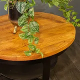 Ronde salontafel mangohout 70cm, industrieel met onderblad