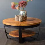 Mangohouten salontafel rond 90 cm, Industrieel met houten onderblad