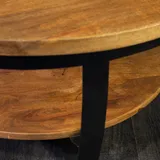 Mangohouten salontafel rond 90 cm, Industrieel met houten onderblad