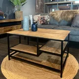 Salontafel mangohout 80x80 industrieel, Design met open vak