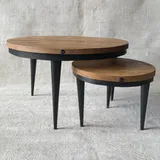 Salontafelset Set van 2, Mangohout & Zwart Metaal, Industrieel Design, Puntpoten, 70x70x41