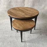 Salontafelset Set van 2, Mangohout & Zwart Metaal, Industrieel Design, Puntpoten, 70x70x41