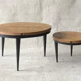 Salontafelset Set van 2, Mangohout & Zwart Metaal, Industrieel Design, Puntpoten, 70x70x41