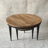 Salontafelset Set van 2, Mangohout & Zwart Metaal, Industrieel Design, Puntpoten, 70x70x41