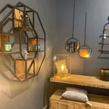 Achthoekig wandrek mangohout 80 cm, industrieel met metaal