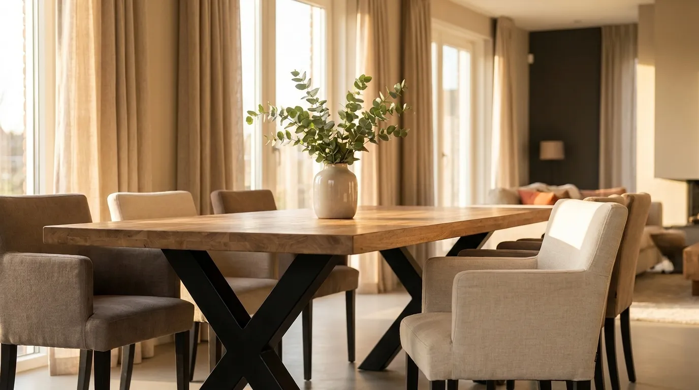 Luxe eetkamer met een massief mangohouten eettafel van The Wooden House