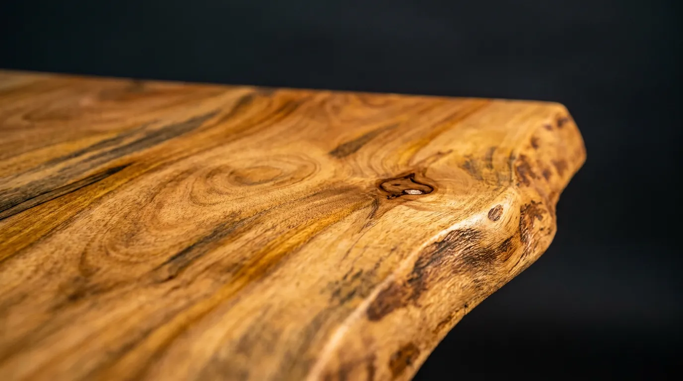 Detail van massief mangohout met natuurlijke nerf en boomrand