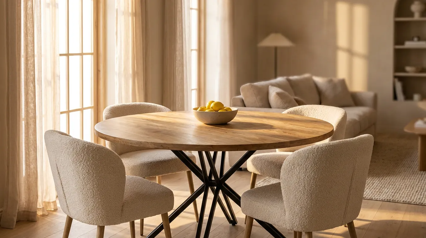 Ronde mangohouten eettafel in een warm interieur